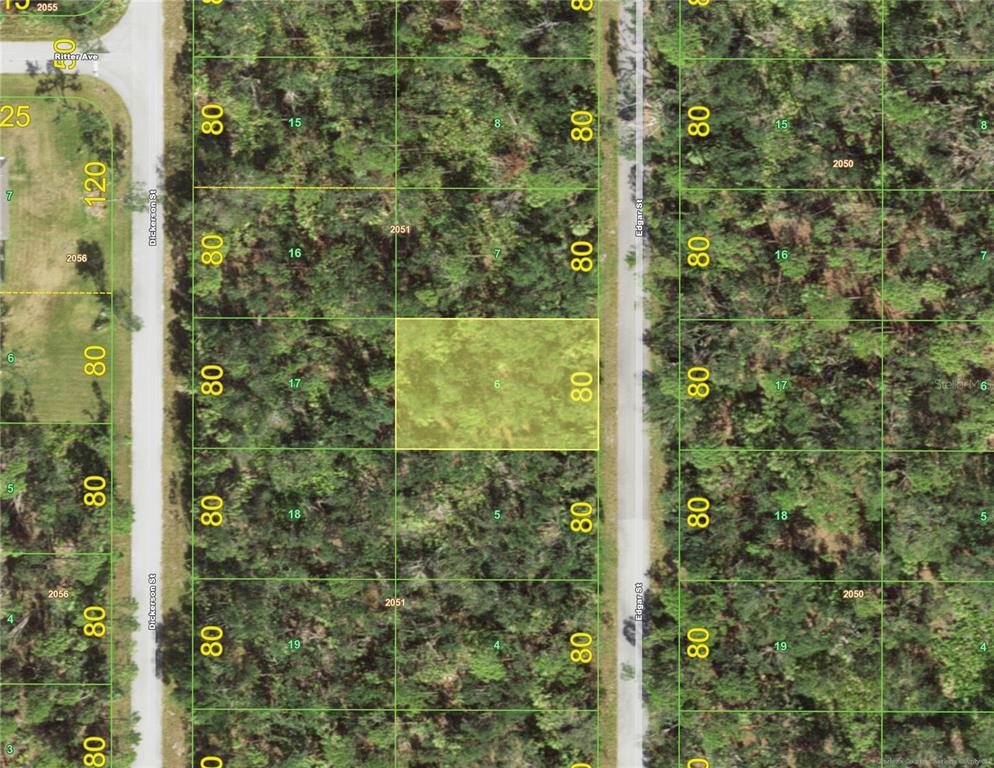 This is a satellite map view of a rectangular plot of land highlighted in yellow — 411 EDGAR STREET, PORT CHARLOTTE, FL