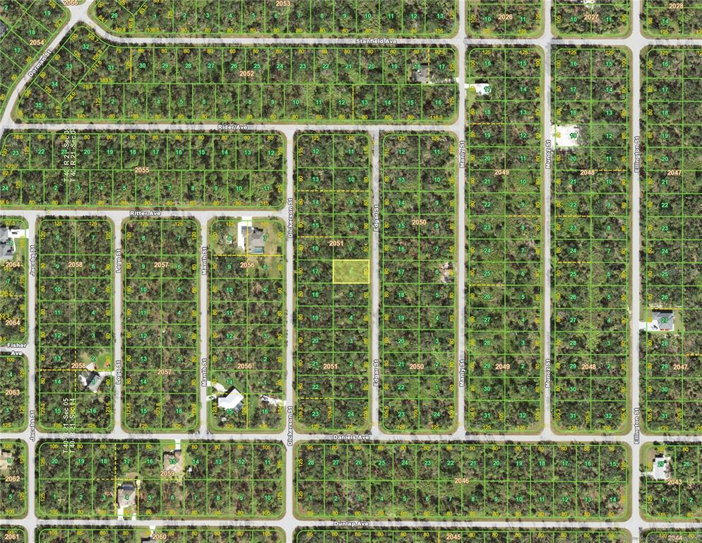 This is a satellite map showing a grid of residential land plots and streets — 411 EDGAR STREET, PORT CHARLOTTE, FL
