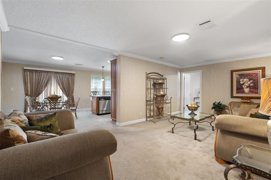 A living room with beige carpet and walls opens to a dining area and kitchen — 21390 NW 59TH AVENUE, MICANOPY, FL