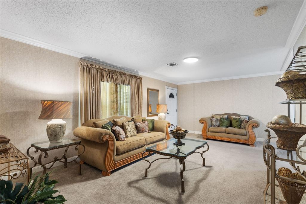 A living room features beige walls, carpeted flooring, two brown sofas, and a glass coffee table — 21390 NW 59TH AVENUE, MICANOPY, FL
