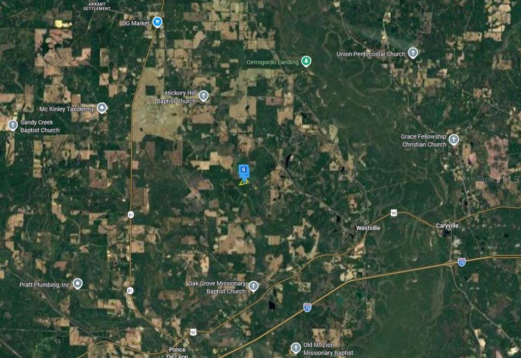 This is a satellite map showing a property location near Westville and Caryville, Florida — 1711 SHORT PNE LANE, WESTVILLE, FL