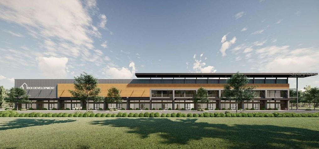 This is a digital rendering of a modern, two-story commercial building with wood-paneled accents — 10263 S JOHN YOUNG PARKWAY, ORLANDO, FL