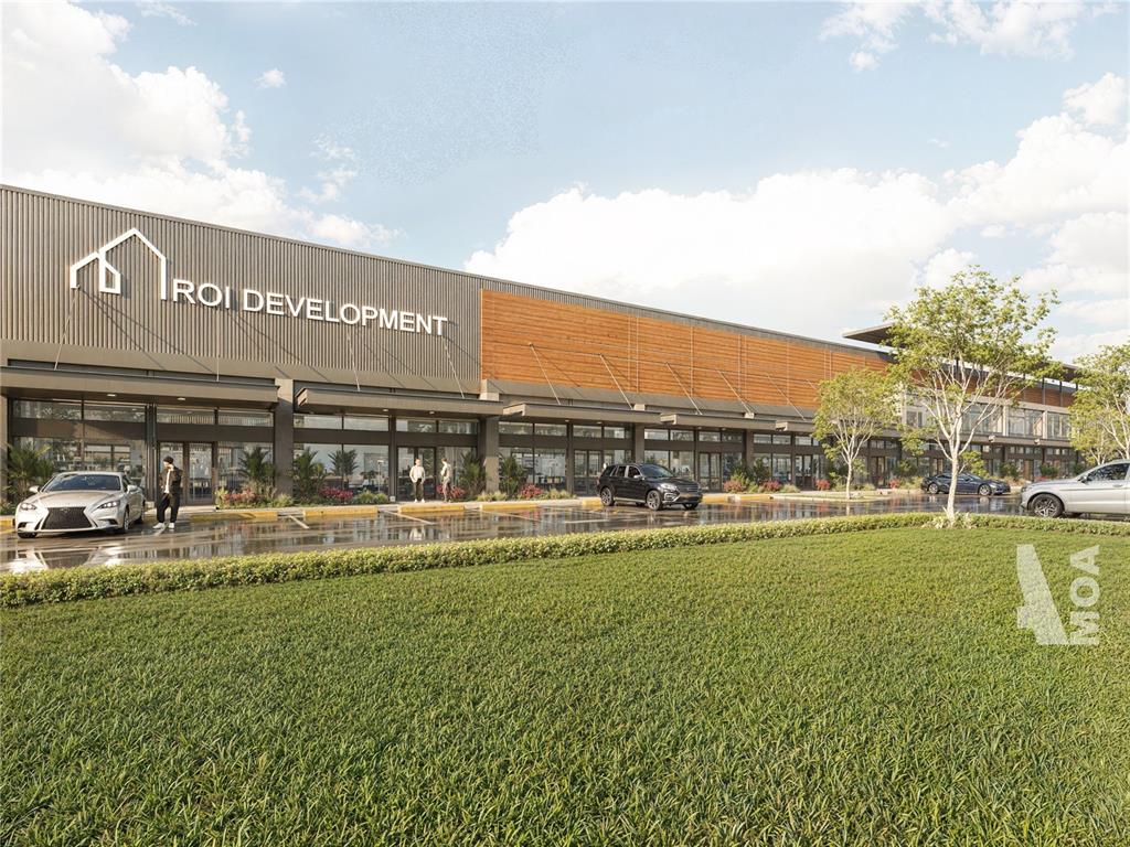 This is a rendering of a modern commercial strip mall with a large grassy foreground — 10263 S JOHN YOUNG PARKWAY, ORLANDO, FL