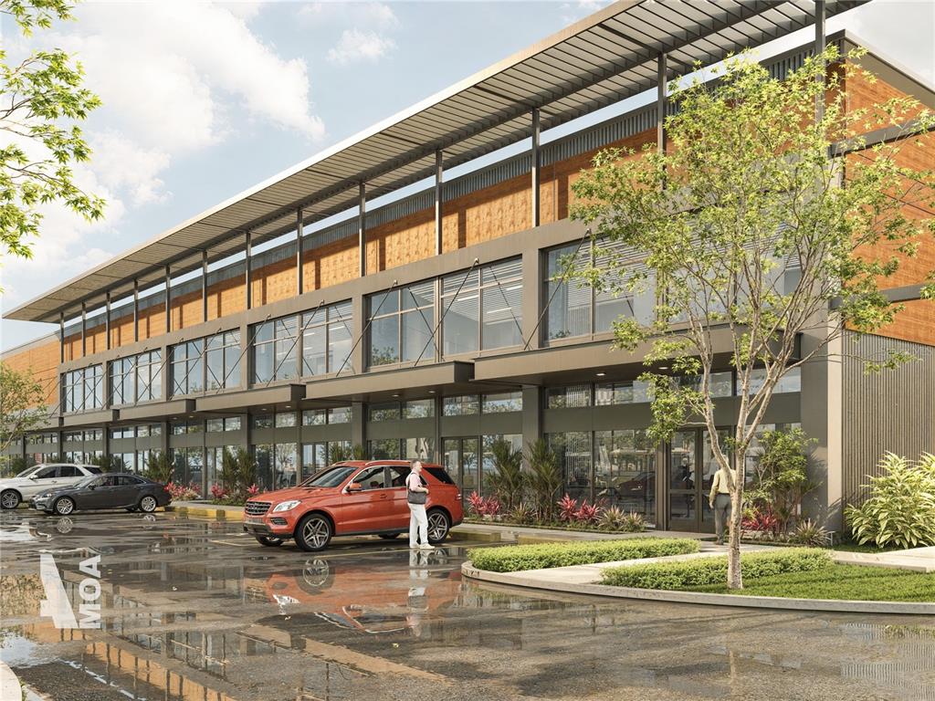 This architectural rendering shows the exterior of a modern two-story commercial building with parking — 10263 S JOHN YOUNG PARKWAY, ORLANDO, FL