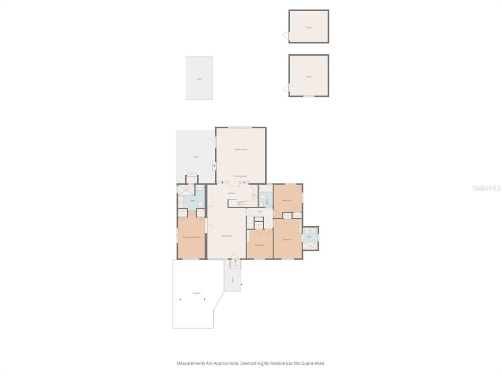 This is a floor plan of a single-story house with a carport and two sheds — 3704 W PLATT STREET, TAMPA, FL