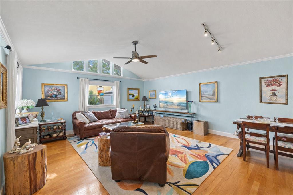 A living room with light blue walls, hardwood floors, a vaulted ceiling, and leather furniture — 3704 W PLATT STREET, TAMPA, FL