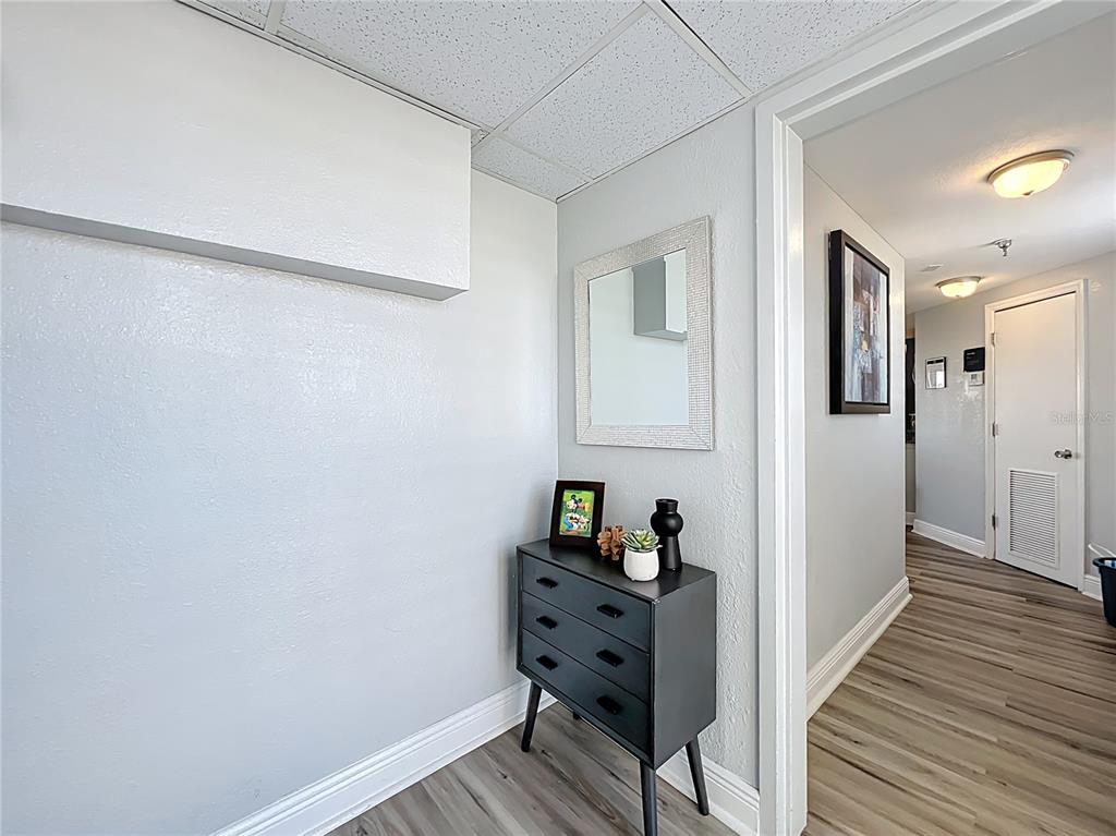 A small entryway features a dark chest of drawers, a wall mirror, and wood-look flooring — 6165 CARRIER DRIVE UNIT 2602, ORLANDO, FL