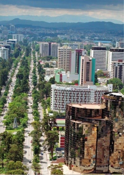 An aerial view of a city street lined with trees and tall office buildings — 15-25 AVE REFORMA, GUATEMALA CITY, OC