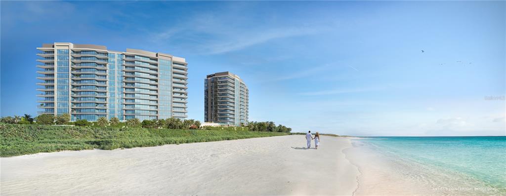 This is an artist's conceptual rendering of two modern residential towers overlooking a sandy beach — 197 AVENUE DE LA MER UNIT 202, PALM COAST, FL