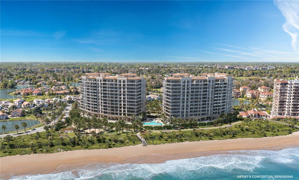 This is an artist's conceptual rendering of two beachfront residential towers with a swimming pool — 197 AVENUE DE LA MER UNIT 202, PALM COAST, FL