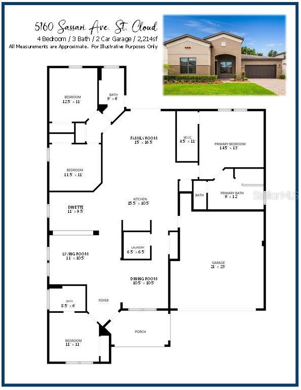 This image is a floor plan and exterior rendering of a single-story four-bedroom house — 5160 SASSARI AVENUE, ST CLOUD, FL