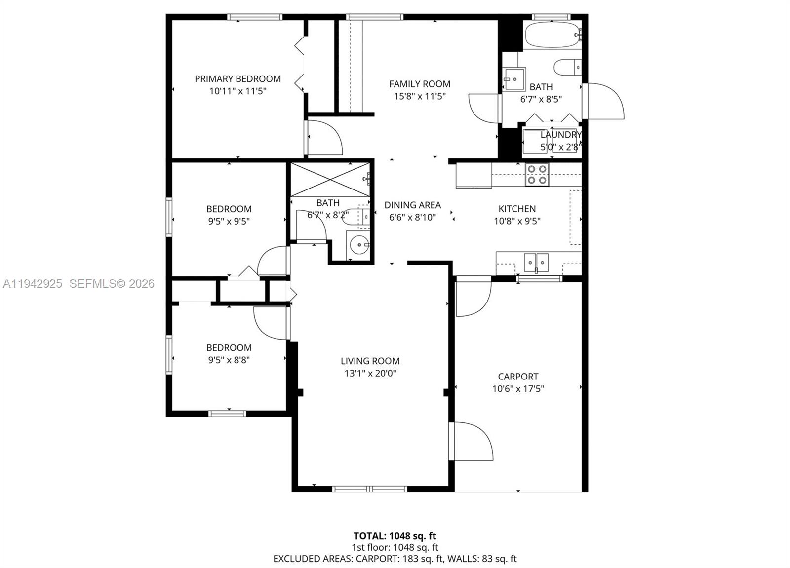 This is a floor plan for a three-bedroom, two-bathroom home with an attached carport — 5844 Garfield St, Hollywood FL 33021, HOLLYWOOD, FL