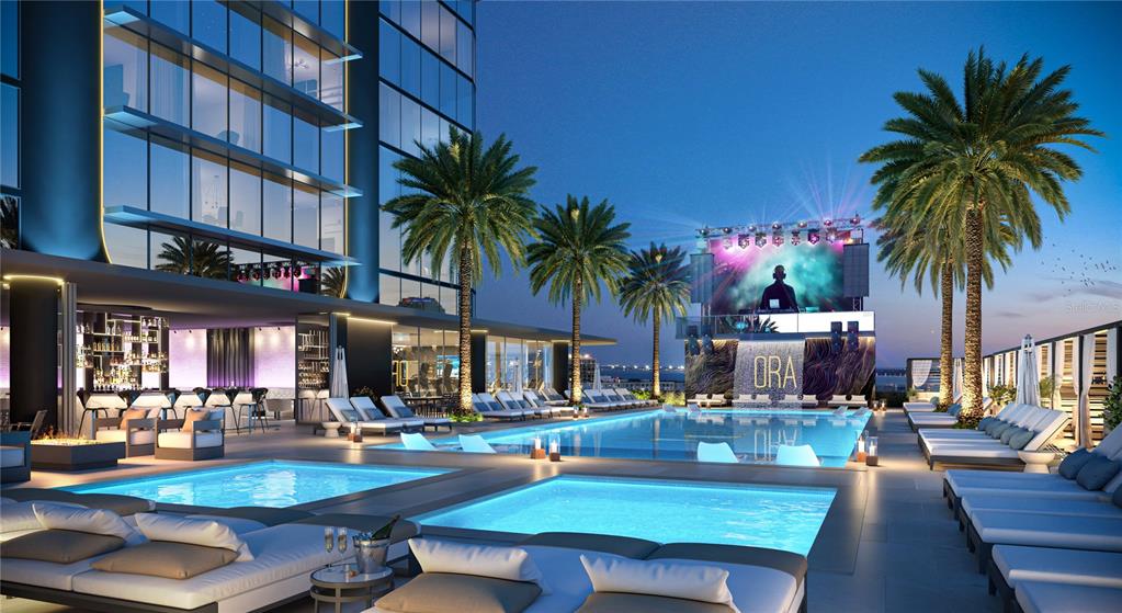 This is a rendering of a modern rooftop pool deck with lounge seating and a DJ — 1101 E JACKSON STREET UNIT 3021, TAMPA, FL