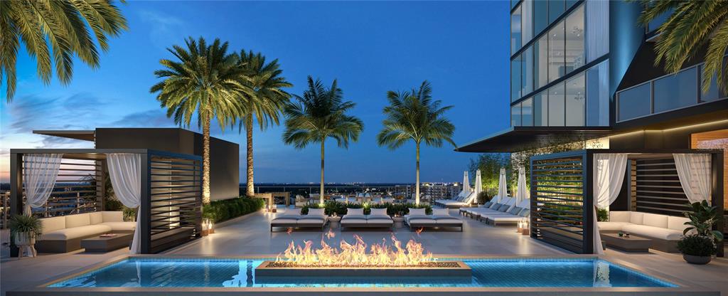 This architectural rendering shows a rooftop pool terrace with cabanas, lounge chairs, and a fire pit — 1101 E JACKSON STREET UNIT 3021, TAMPA, FL