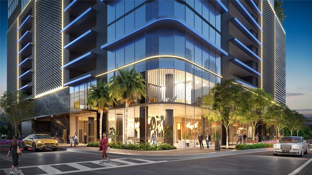 This architectural rendering shows the exterior of a modern high-rise building with glass facades — 1101 E JACKSON STREET UNIT 3021, TAMPA, FL