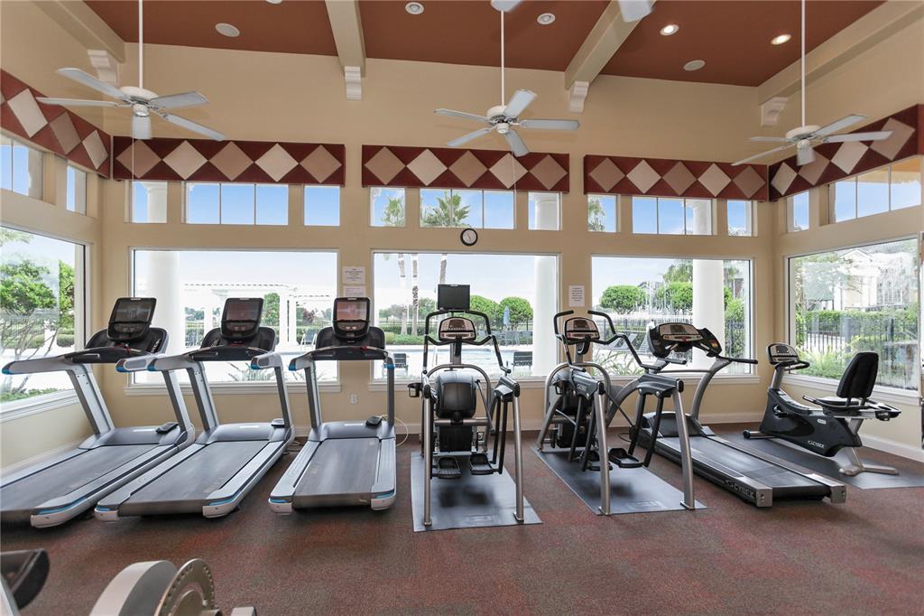 A gym features several treadmills, an elliptical machine, and a stationary bike facing large windows — 5558 LEWISHAM DRIVE, DAVENPORT, FL