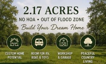 A grassy, tree-lined lot is presented with text highlighting features like acreage and building potential — 00 SW 47TH PLACE ROAD, OCALA, FL