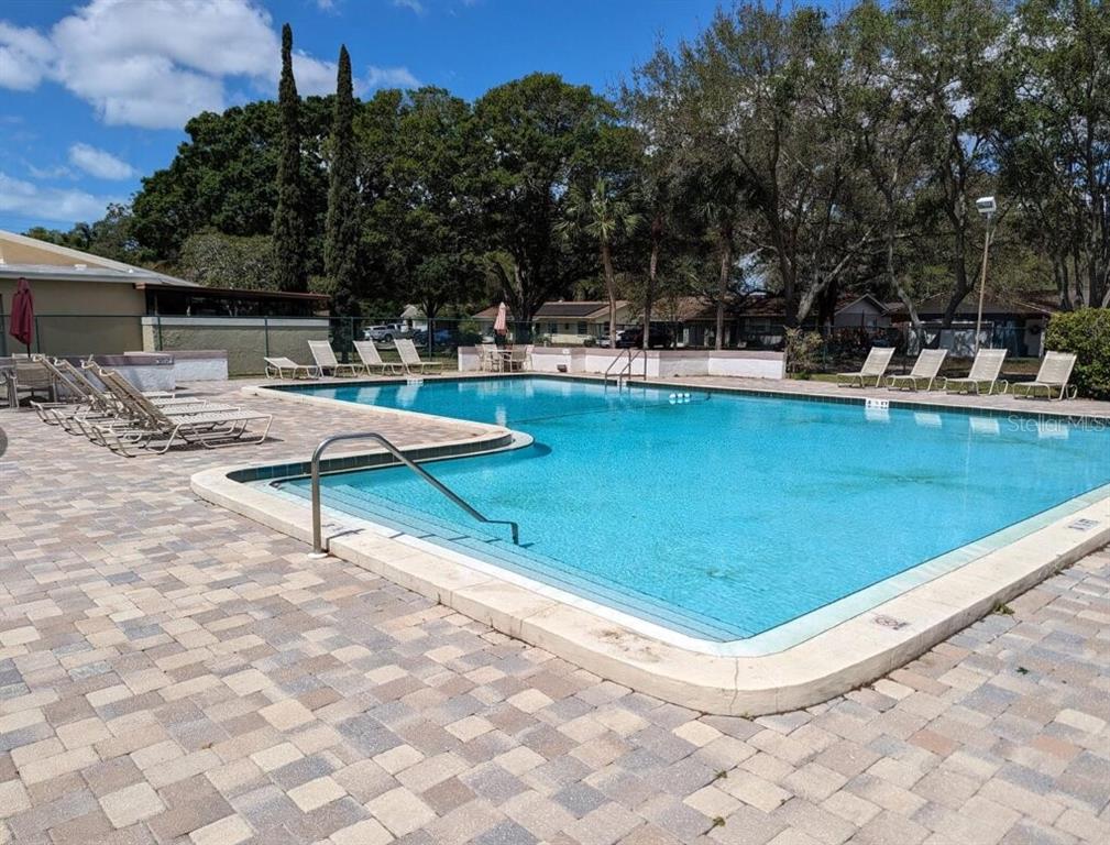 An outdoor swimming pool with a paved deck and lounge chairs surrounded by trees — 1602 AMBERLEA DRIVE S, DUNEDIN, FL