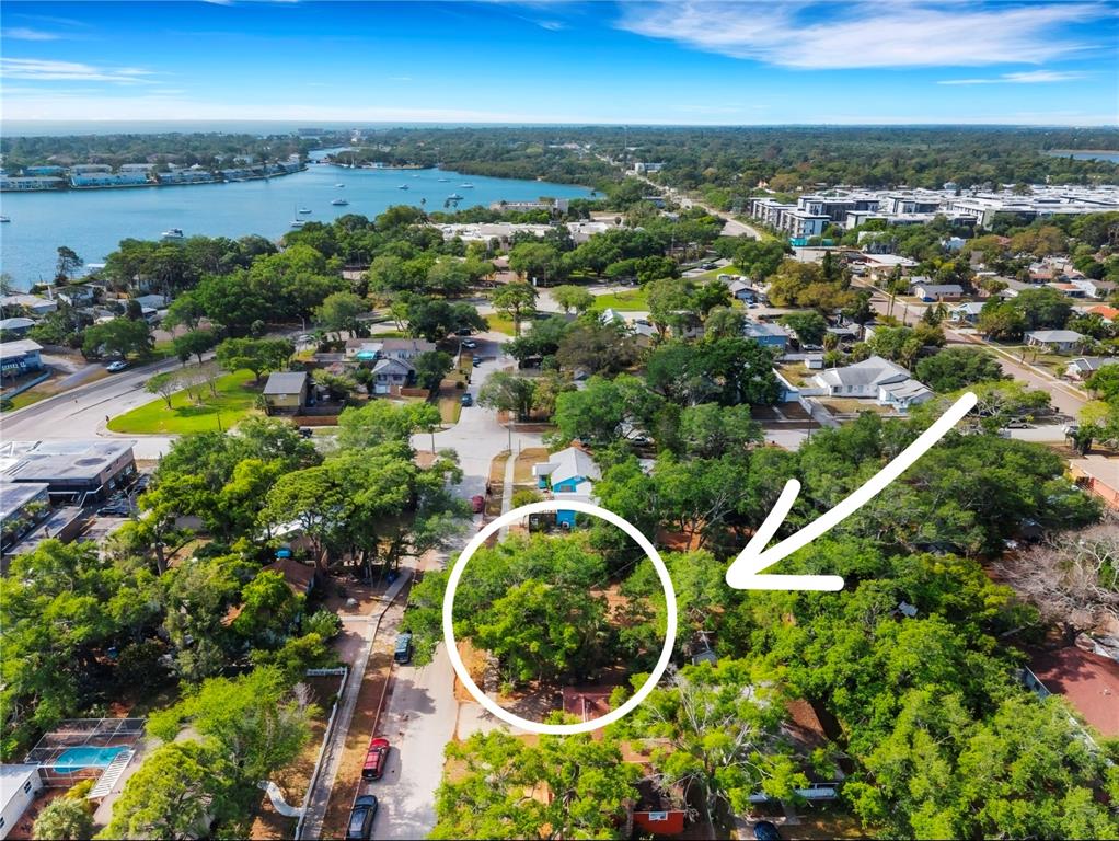 An aerial view shows a wooded residential lot circled in a suburban coastal neighborhood — 2715 5TH STREET S, ST PETERSBURG, FL