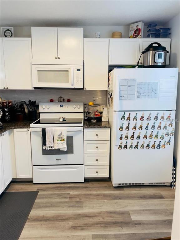 A kitchen features white cabinets, a white stove, a white refrigerator, and wood-look flooring — 2500 WOODGATE BOULEVARD UNIT 203, ORLANDO, FL