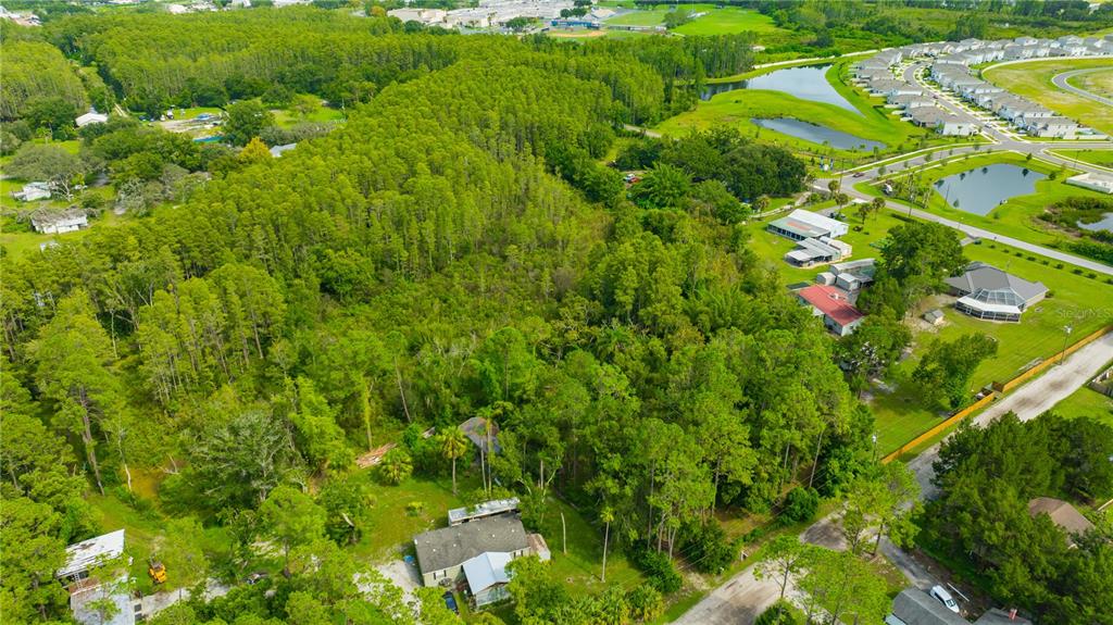 An aerial view shows a house surrounded by dense trees near a suburban neighborhood — 7408 TOM DRIVE, LAND O LAKES, FL