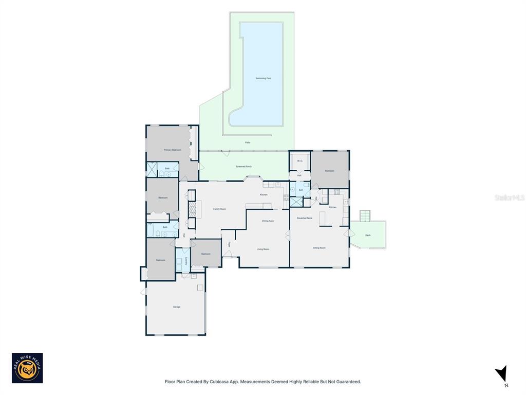 This is a floor plan of a single-story house featuring a garage and swimming pool — 6706 WALDORF COURT, NEW PORT RICHEY, FL