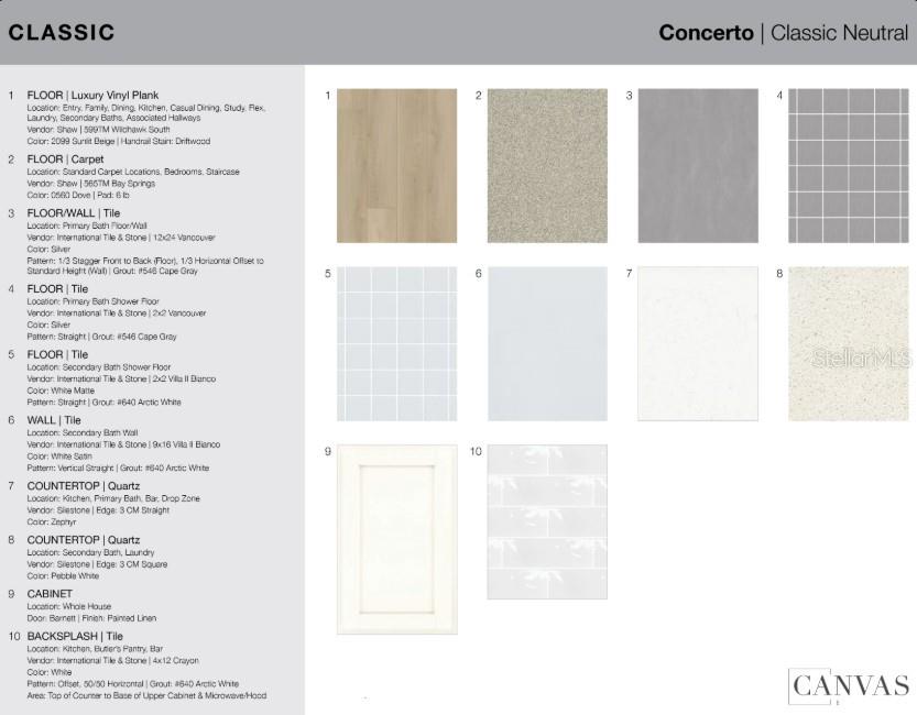 This image is a design selection board displaying various flooring, tile, countertop, and cabinet finishes — 10836 ECLIPSE STREET, SARASOTA, FL