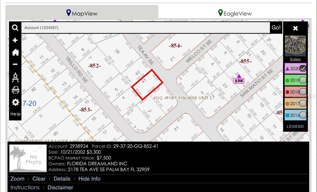 This is a digital map showing property parcel boundaries and identification numbers for a residential area — 2178 TEA AVENUE SE, PALM BAY, FL