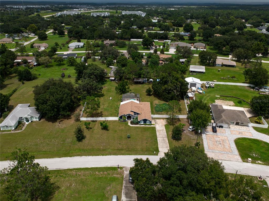 An aerial view shows a single-story house with a pool and large yard — 31439 STIRRUP LANE, WESLEY CHAPEL, FL
