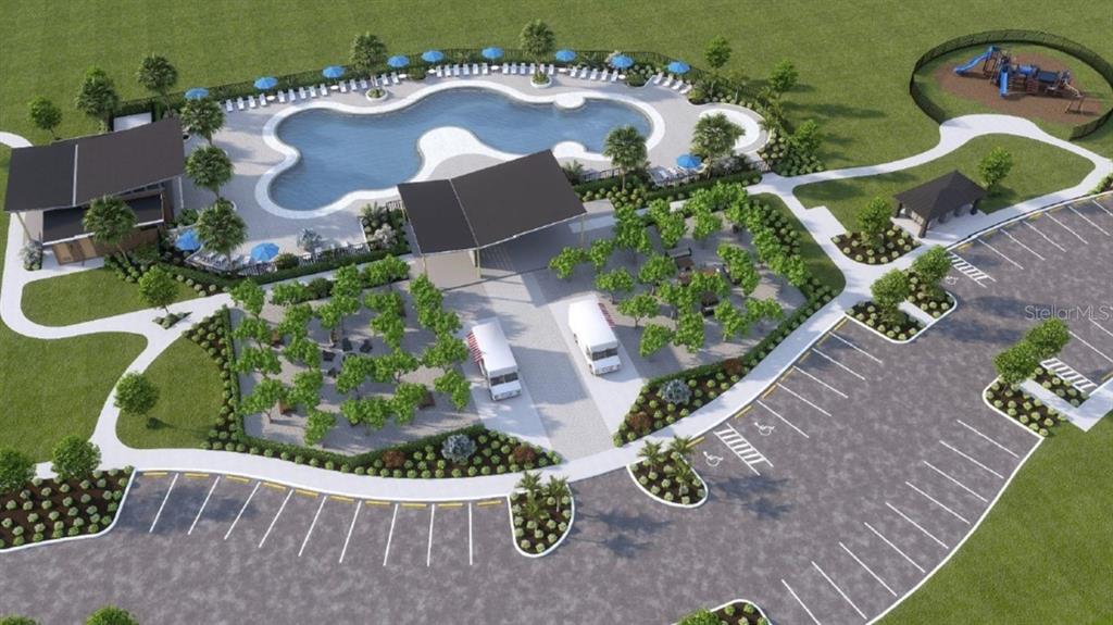 This rendering shows a community pool area with a playground, parking lot, and pavilion — 12415 HOPSCOTCH AVENUE, PARRISH, FL