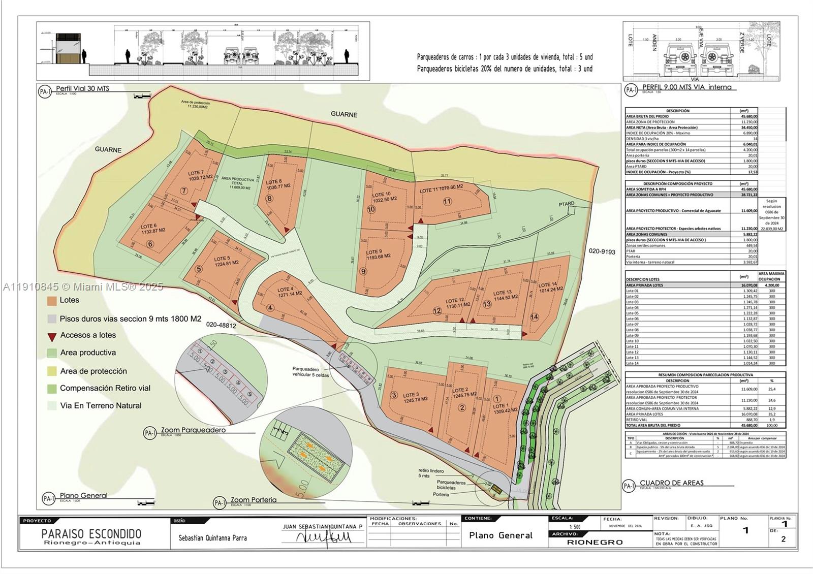 This is a site plan map for a residential development project named Paraiso Escondido — Vereda Mampuesto Sector Garrido #9, C, C