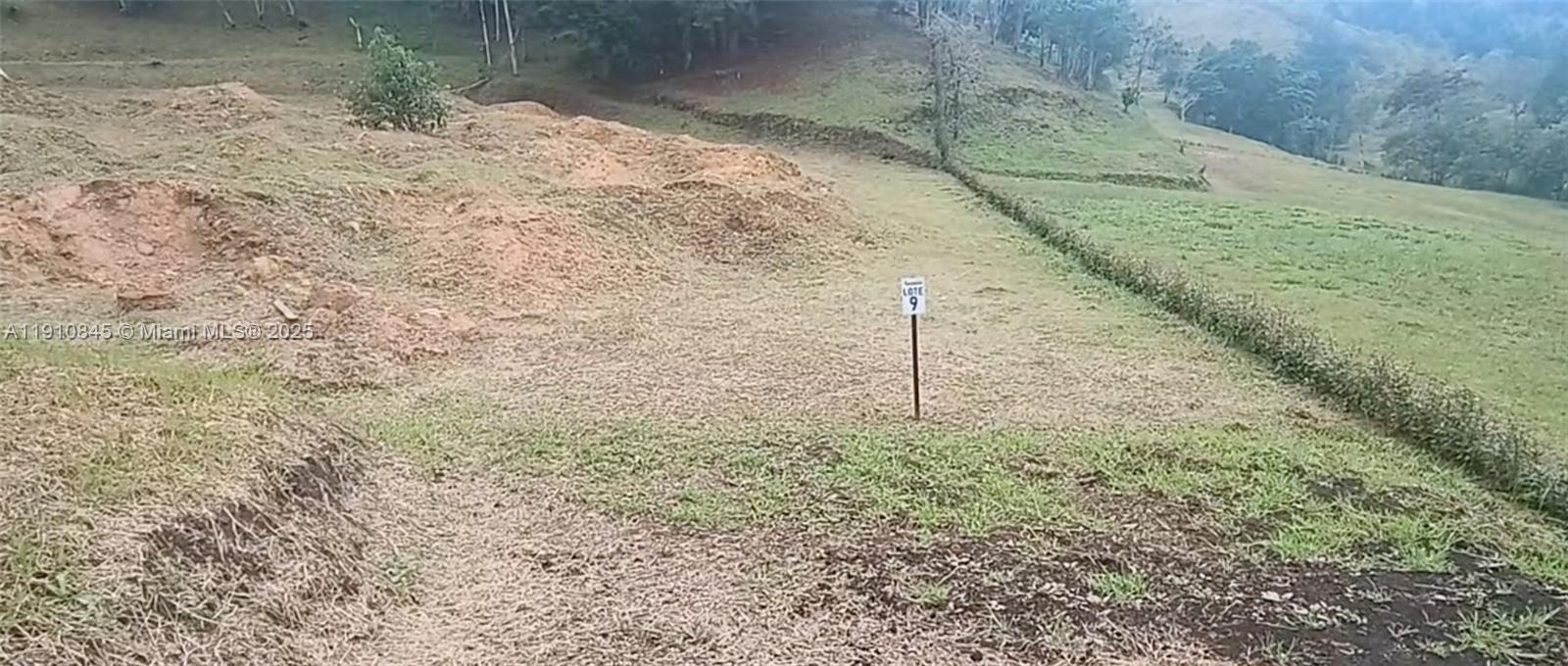 A grassy, sloped plot of land is marked with a sign labeled Lote 9 — Vereda Mampuesto Sector Garrido #9, C, C