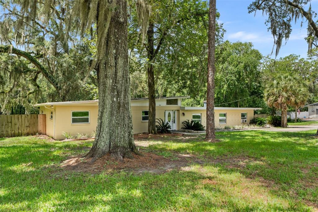 A single-story, light-yellow house with a flat roof sits behind large trees in a yard — 10907 SW 24TH AVENUE, GAINESVILLE, FL