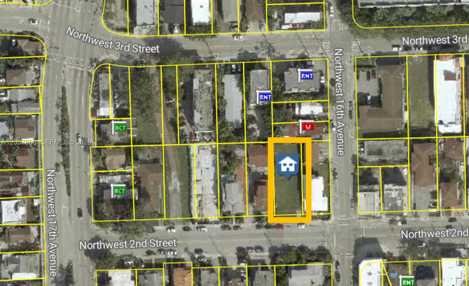 This is a satellite map view showing a highlighted rectangular property lot in a neighborhood — 1611 NW 2nd St, Miami FL 33125, MIAMI, FL