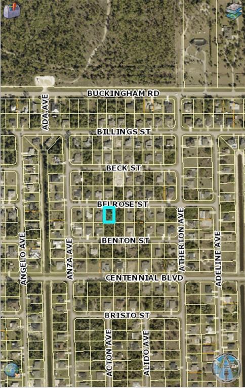 This is an aerial map of a residential neighborhood with a highlighted property lot — 5325 BELROSE STREET, LEHIGH ACRES, FL