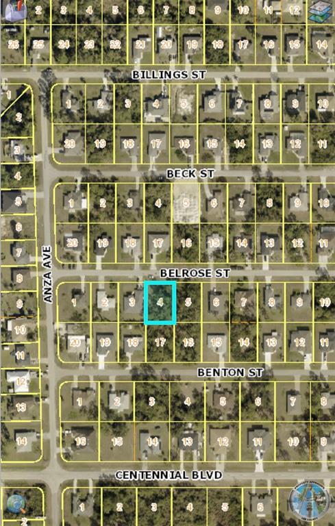 This is a satellite map showing a residential neighborhood with a highlighted vacant lot — 5325 BELROSE STREET, LEHIGH ACRES, FL