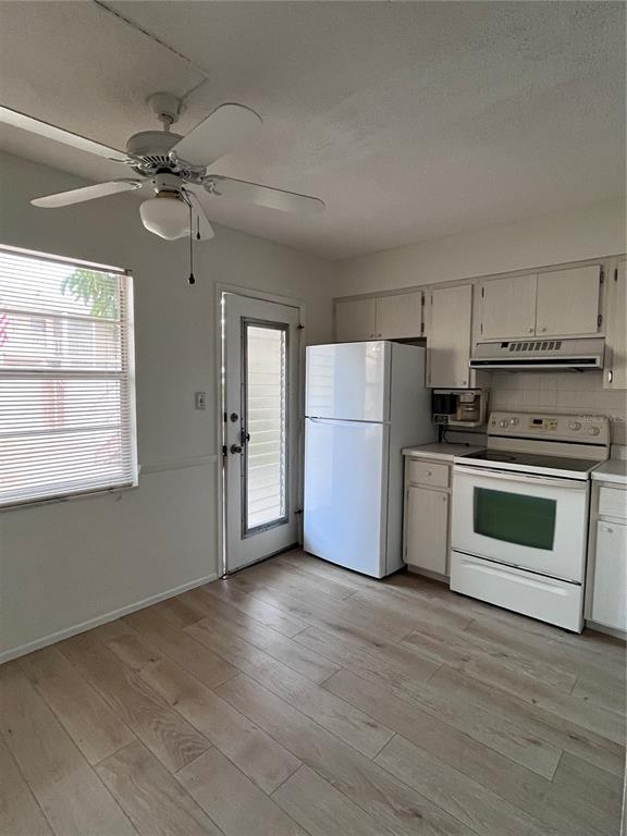 A kitchen features white appliances, light wood-look flooring, and a ceiling fan — 509 W VENICE AVENUE UNIT 102, VENICE, FL