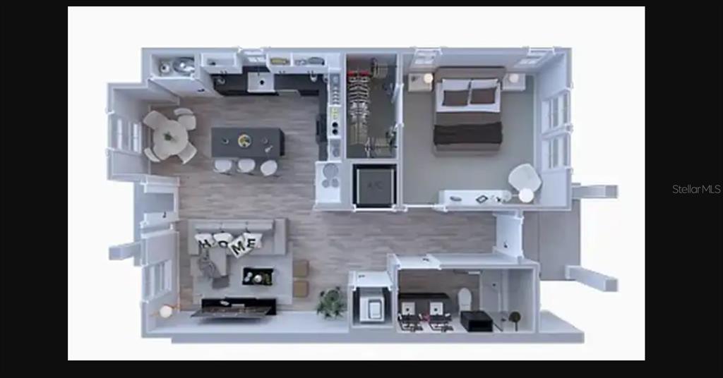 This is a 3D floor plan rendering of a one-bedroom apartment with an open living area — 3814 FERN HOLLOW PLACE, TAMPA, FL