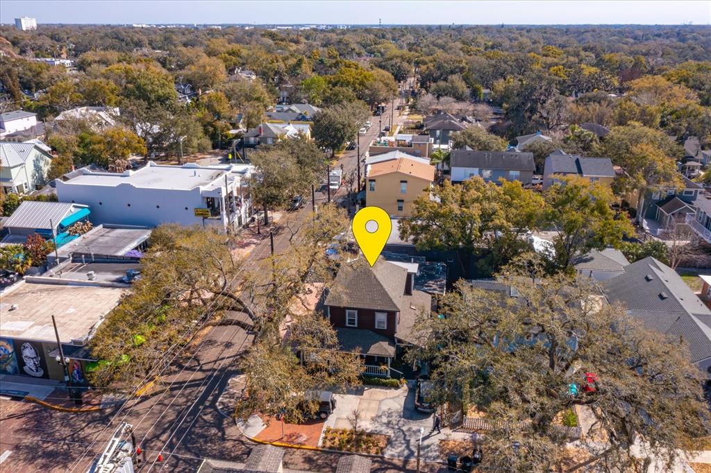 An aerial view shows a two-story house with a yellow location pin on top — 37 HILL, ORLANDO, FL
