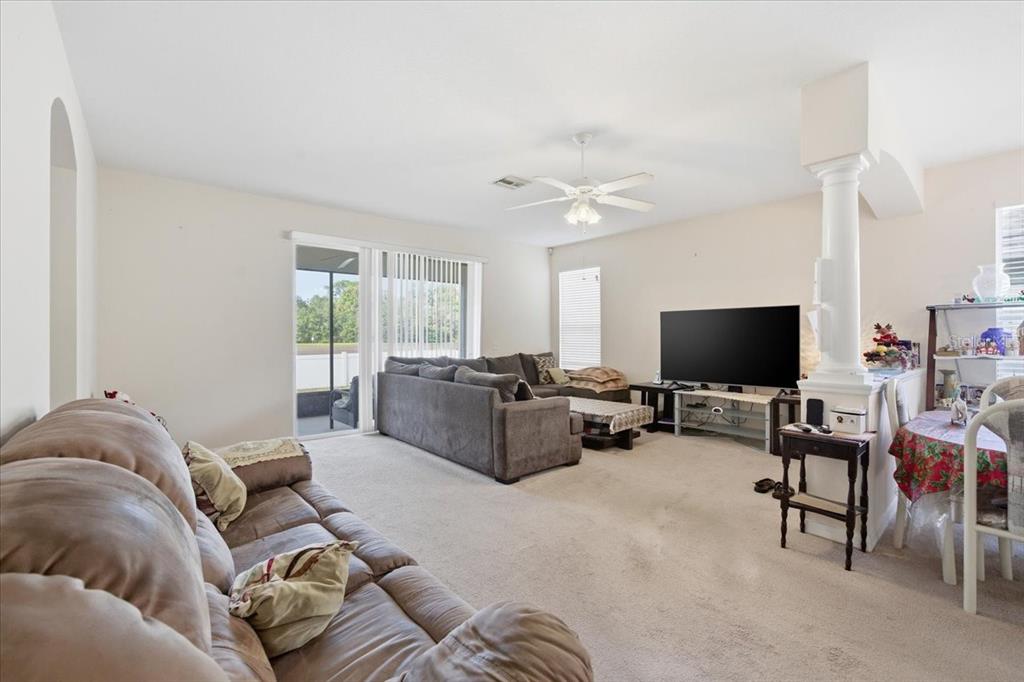 A living room features beige carpeting, a ceiling fan, a sectional sofa, and a television — 18425 CYPRESS BAY PARKWAY, LAND O LAKES, FL
