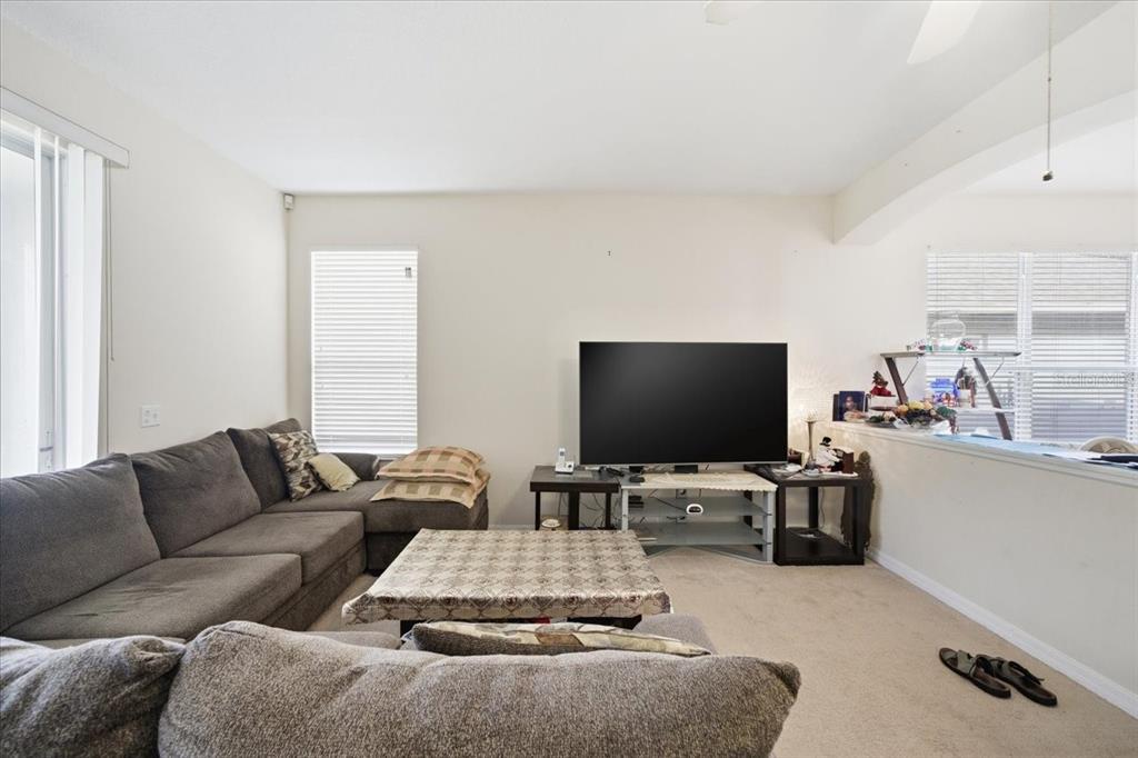 A living room features a large sectional sofa, a television on a stand, and carpeting — 18425 CYPRESS BAY PARKWAY, LAND O LAKES, FL