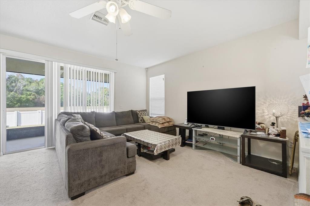 A living room features a gray sectional sofa, a television on a stand, and carpeted flooring — 18425 CYPRESS BAY PARKWAY, LAND O LAKES, FL