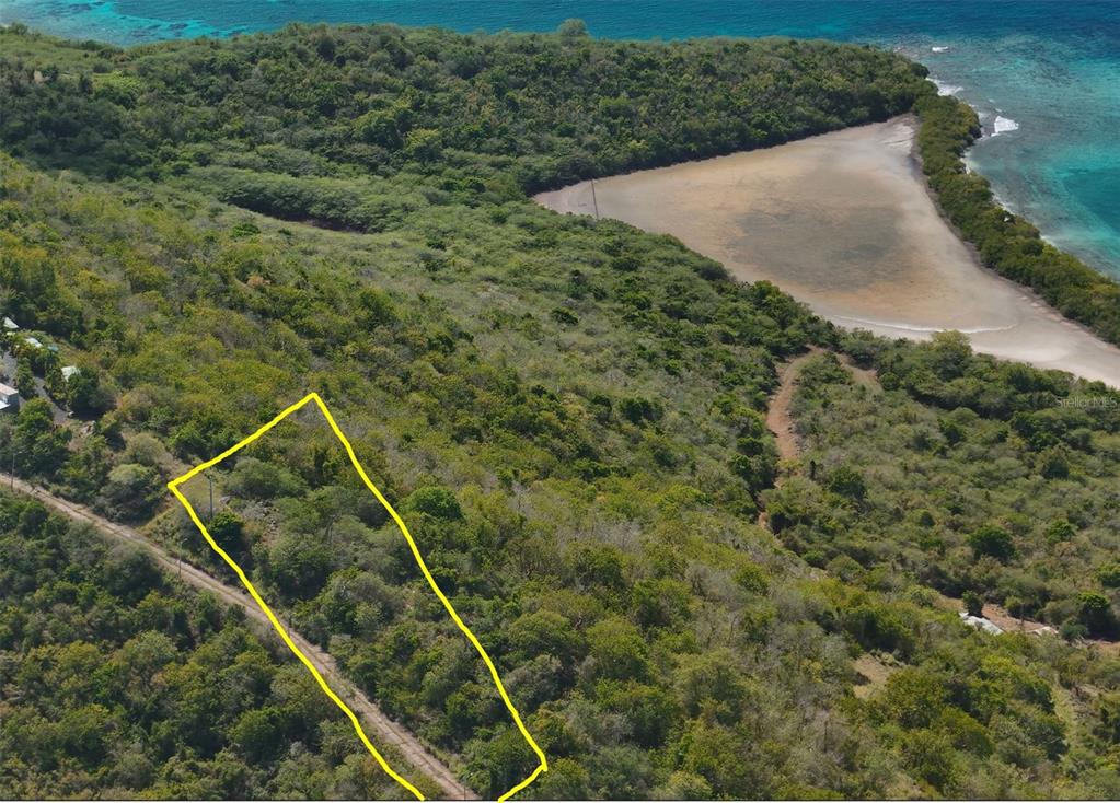 An aerial view shows a rectangular plot of land outlined in yellow near the coast — 3a BARRIO FLAMENCO TAMARINDO BEACH, CULEBRA, PR