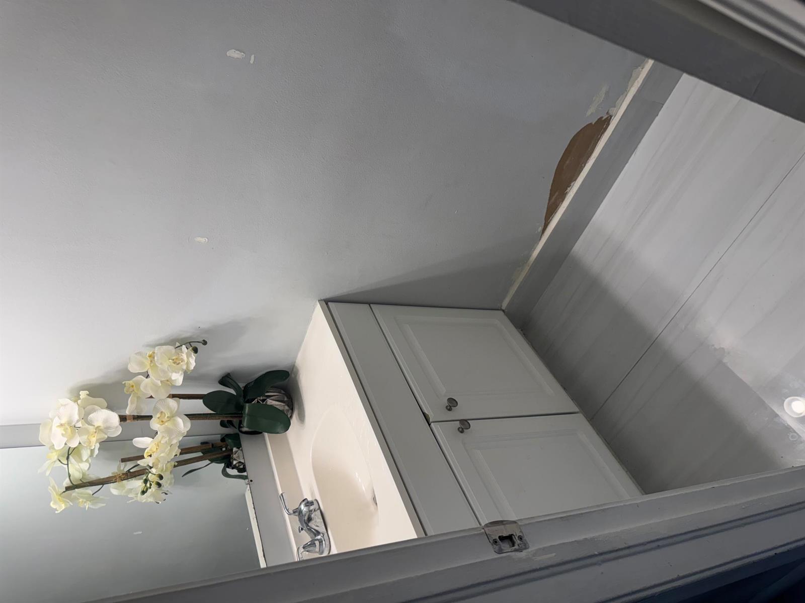 A bathroom vanity with a white cabinet, sink, and faucet sits below a damaged wall — 1234 White Pine Drive, Wellington FL 33414, WELLINGTON, FL