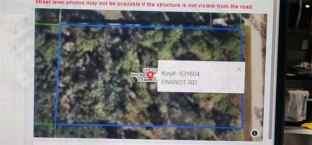 This is a map showing a rectangular plot of land with dimensions of 305 by 165 — 18119 PARROT ROAD, WEEKI WACHEE, FL