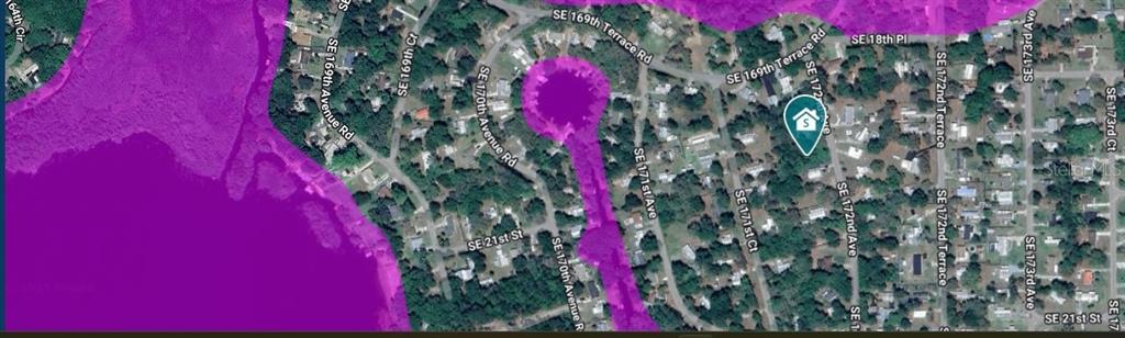 This map shows a residential neighborhood with purple shaded areas indicating potential flood zones — SE 172ND AVENUE, SILVER SPRINGS, FL