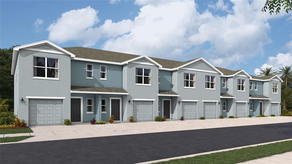 This is a digital rendering of a row of multi-story townhomes with attached garages — 4021 MILLER POINTE COURT, BRADENTON, FL