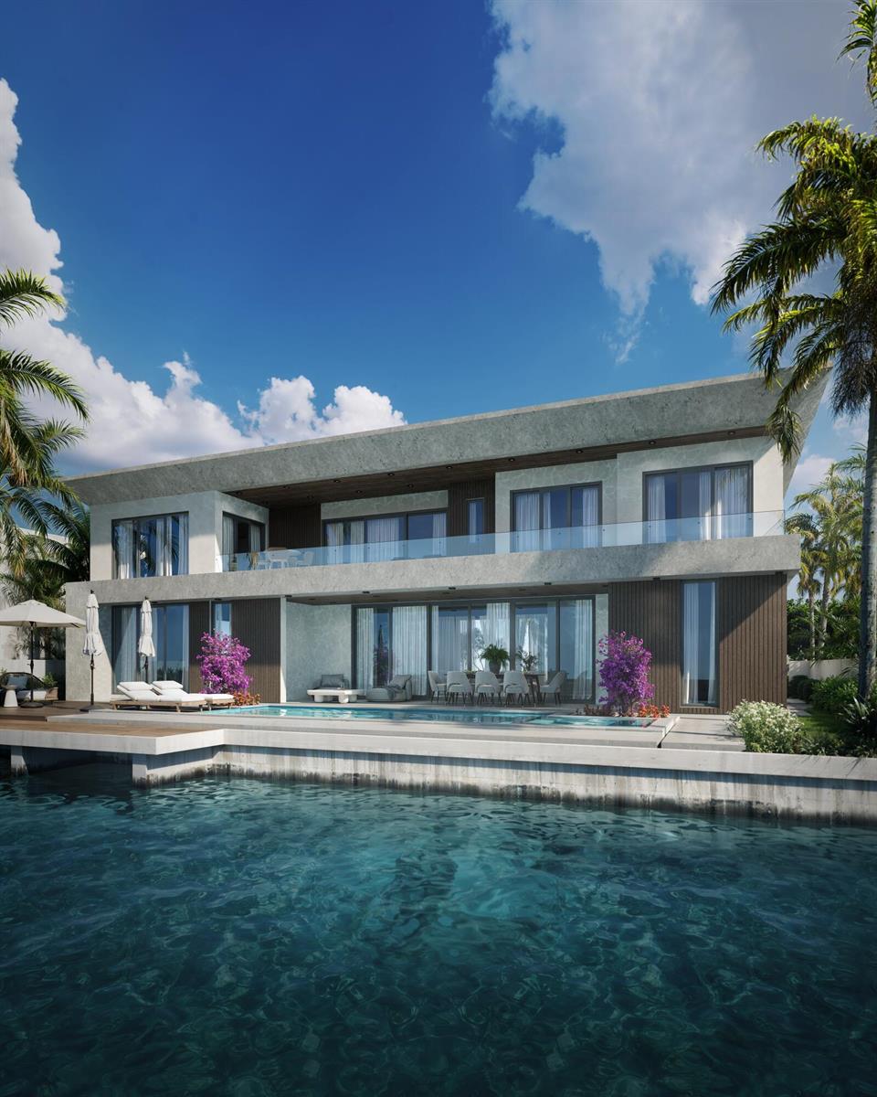 This architectural rendering shows a modern two-story waterfront villa with a pool and balcony — 942 Bolender Drive, Delray Beach FL 33483, DELRAY BEACH, FL