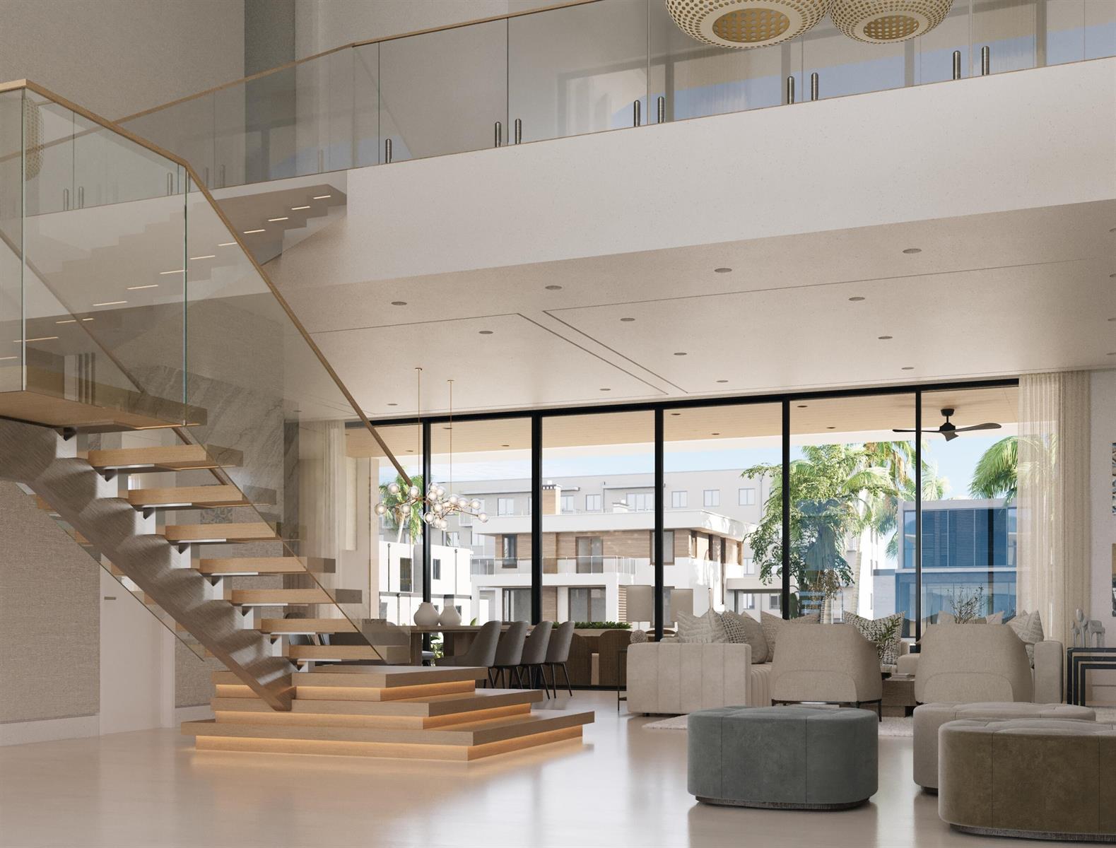 This rendering shows a modern living room with a floating staircase and floor-to-ceiling windows — 942 Bolender Drive, Delray Beach FL 33483, DELRAY BEACH, FL