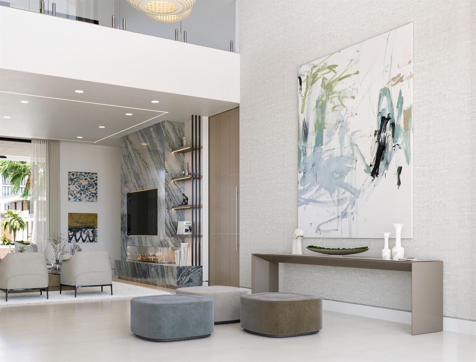 This rendering shows a modern living room with a marble fireplace, artwork, and neutral furniture — 942 Bolender Drive, Delray Beach FL 33483, DELRAY BEACH, FL